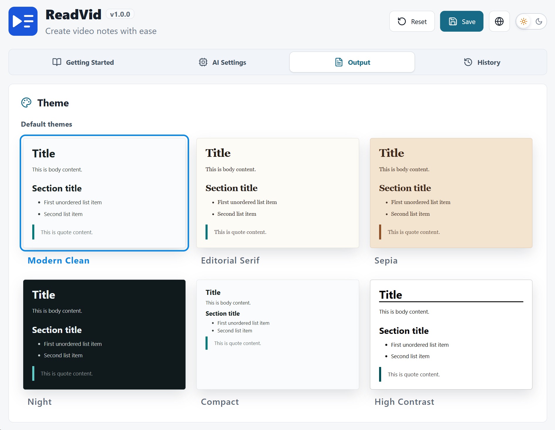 Theme picker grid